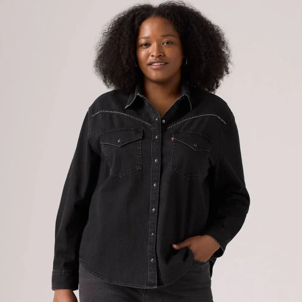 Levi's Shirt Womens 2X Black Western Denim Button Up Rhinestone Long Sleeve